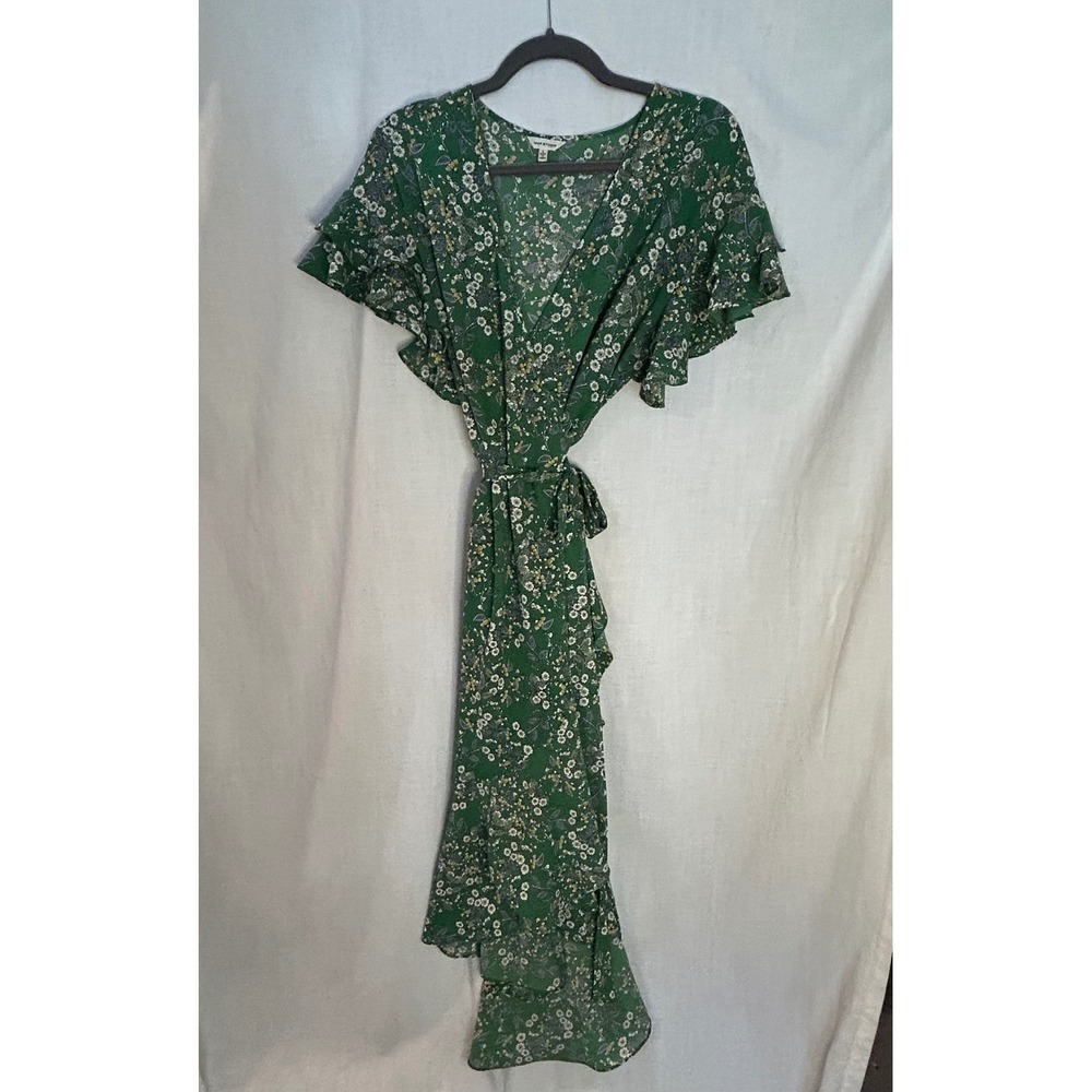 Max Studio Green Floral Wrap Dress Ruffle Flutter Sleeve High Low Midi Large